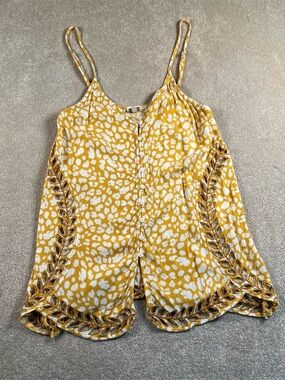 Gimmicks Tank Top Yellow Animal Print Cut Out Spaghetti Strap Button Up Womens M